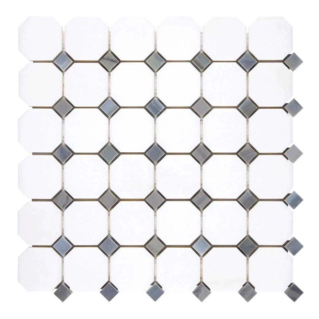 Thassos White Octagon and Diamond Tile Mosaic in Polished or Honed Finish