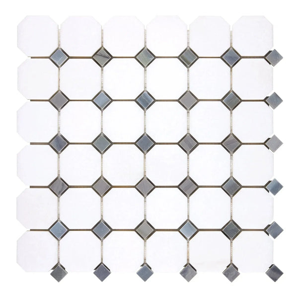 Thassos White Octagon and Diamond Tile Mosaic in Polished or Honed Finish