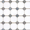 Geometric tile pattern featuring Thassos White Octagon Mosaic Marble with Blue-Gray accents