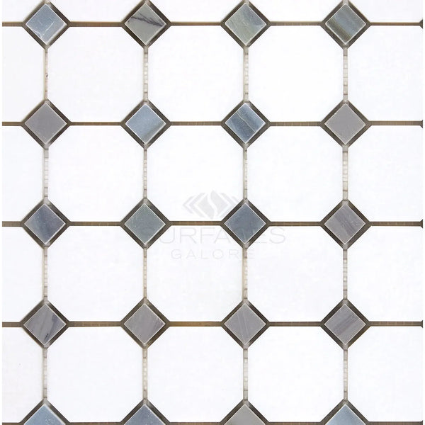 Geometric tile pattern featuring Thassos White Octagon Mosaic Marble with Blue-Gray accents