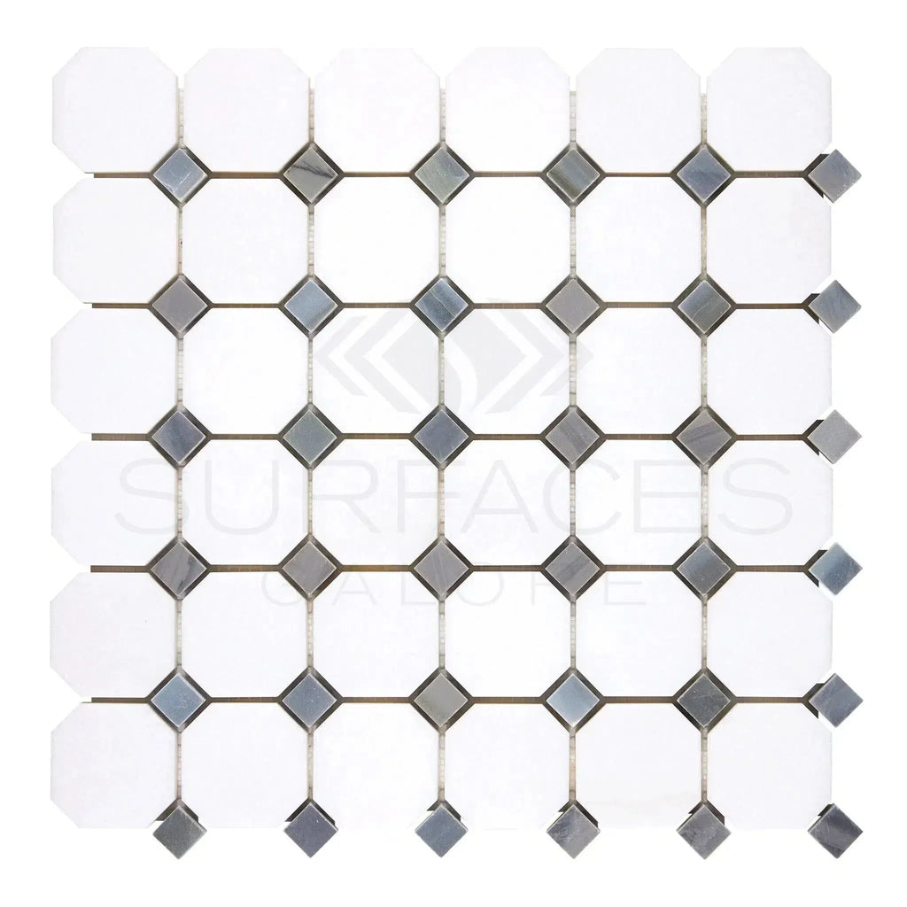 Thassos White Octagon and diamond tile mosaic in polished or honed finish