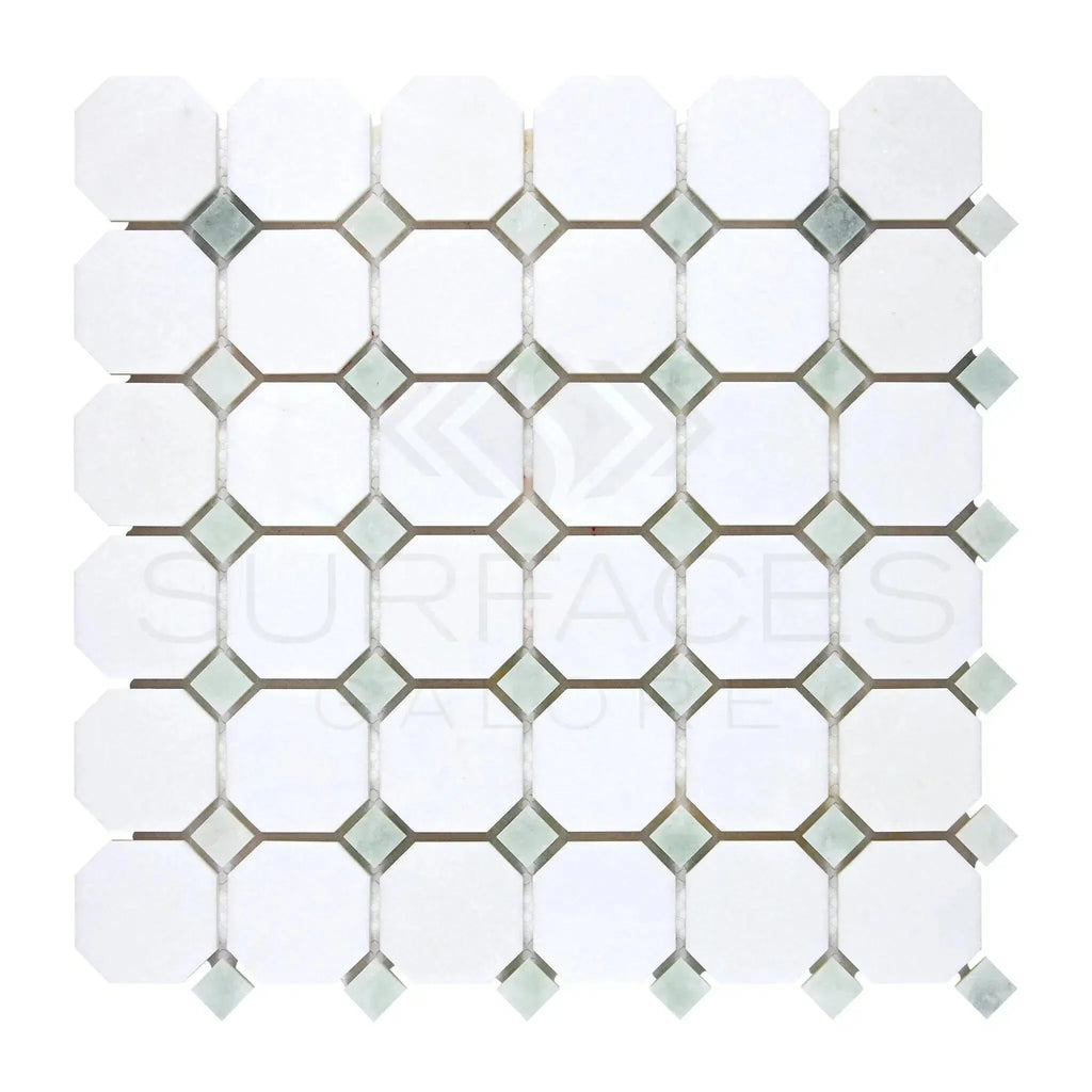 Thassos White Octagon and Square Mosaic Tile with Ming-Green accents, polished finish