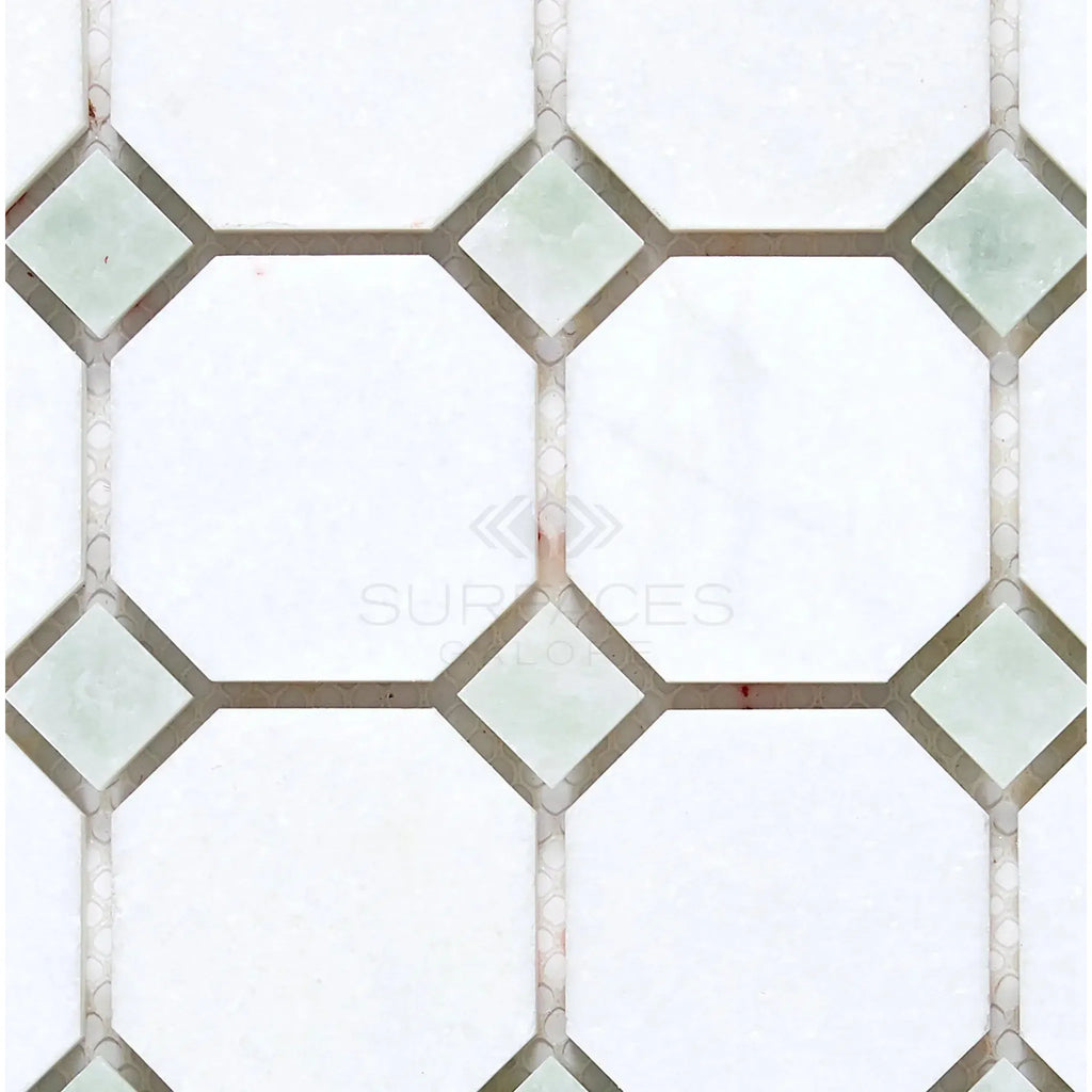 Geometric tile pattern of Thassos White Octagon Mosaic Marble with Ming-Green accents