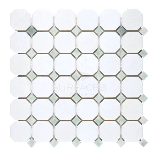 Thassos White Octagon and Diamond Tile Mosaic with Ming-Green Accent Polished Finish