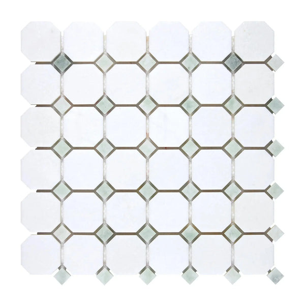 Thassos White Octagon and Square Tile Mosaic Marble in Polished or Honed Finish