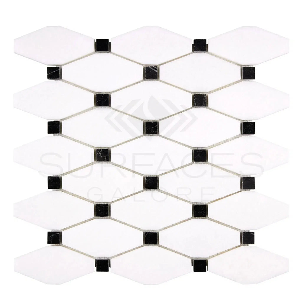 Thassos White Octave Long Octagon Black Mosaic Marble Tile Sheet for elegant design