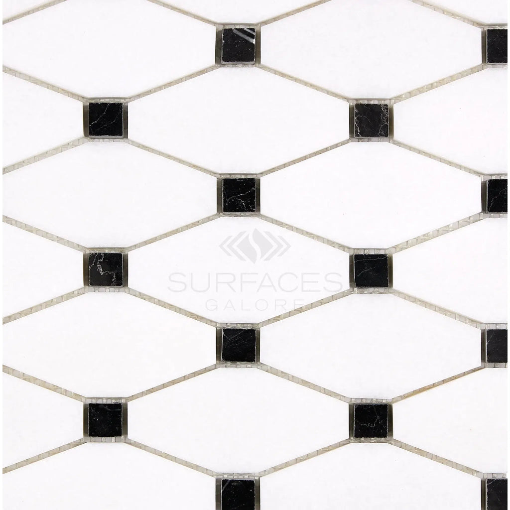 Black and white mosaic tile pattern in Thassos White Octave Long Octagon Marble design