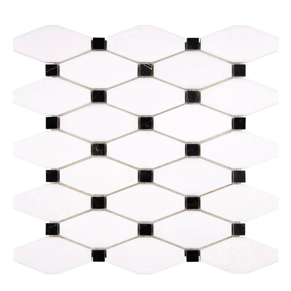 White and black mosaic tile sheet featuring Thassos White Octave design in marble