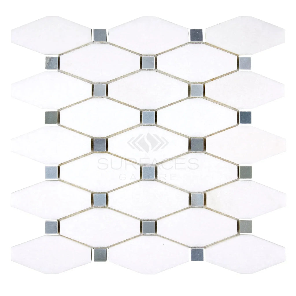 Thassos White Octave mosaic features a white and gray diamond tile design