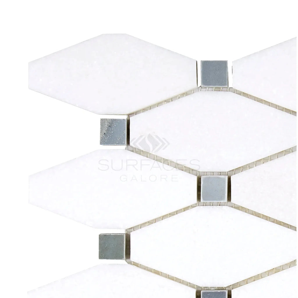 White and silver geometric tile pattern of Thassos White Octave Mosaic Marble