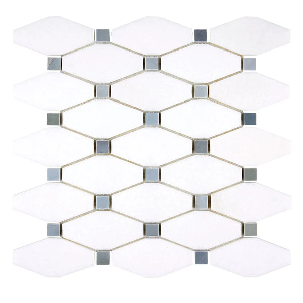 White and gray mosaic tile sheet for Thassos White Octave Long Octagon Marble