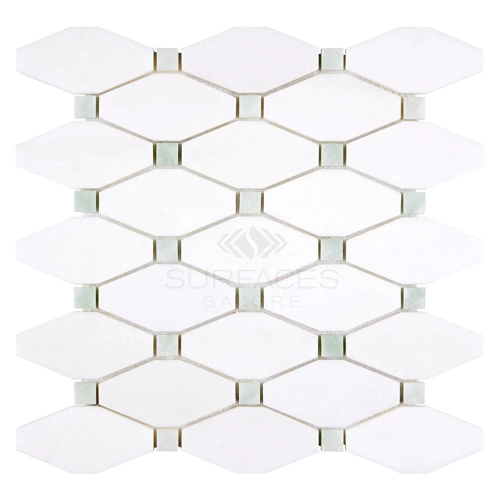 Thassos White Octave Long Octagon Mosaic Marble Tile Sheet with Ming-Green Accent