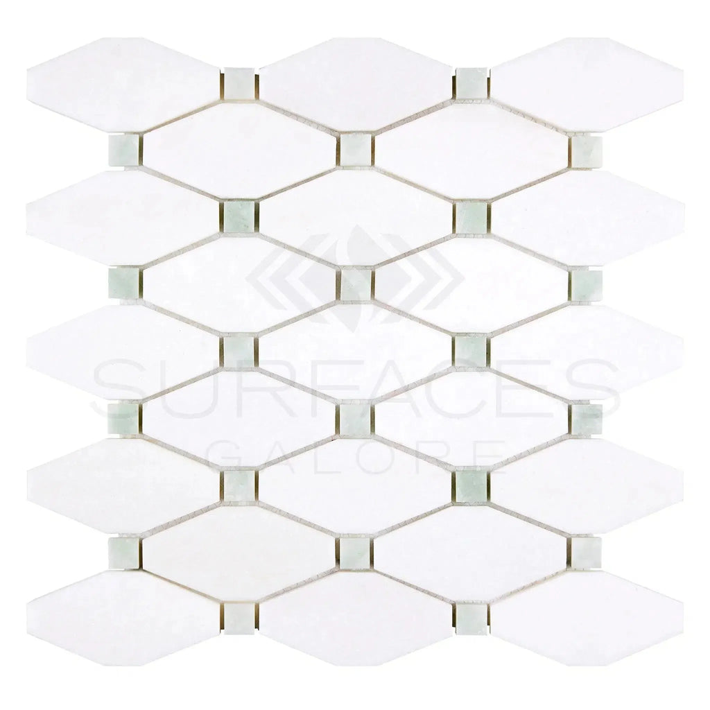 White diamond mosaic tile in Thassos White Octave with Ming-Green accents