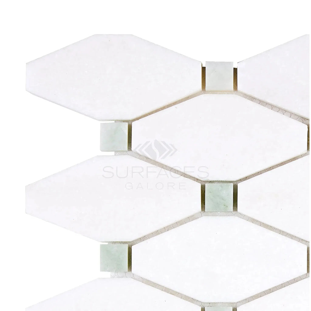 Thassos White Octave Long Octagon Mosaic Marble Tile with Ming-Green accents