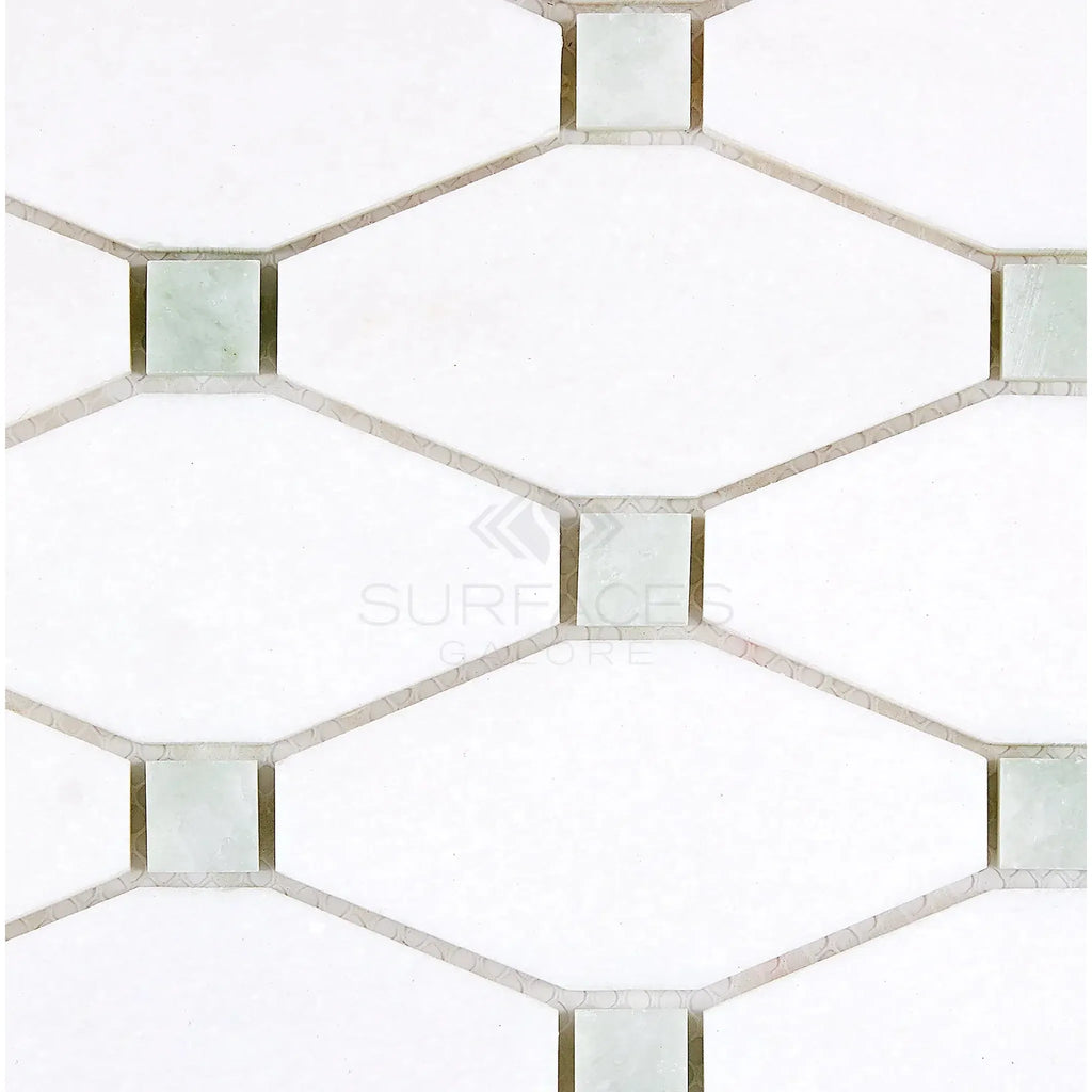 White and green geometric tile pattern of Thassos White Octave Mosaic Marble