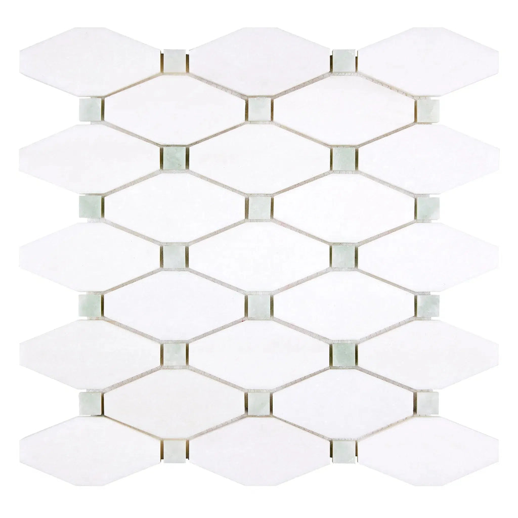 Thassos White Octave Long Octagon Mosaic Marble with Ming Green accents in polished finish