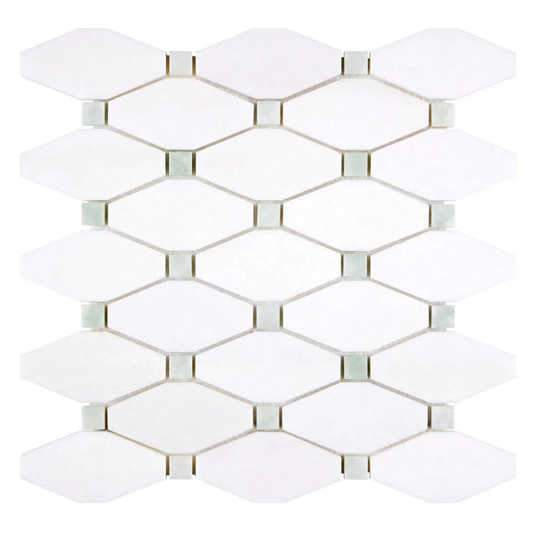 Thassos White Octave Long Octagon Mosaic Marble with Ming Green accents in polished finish