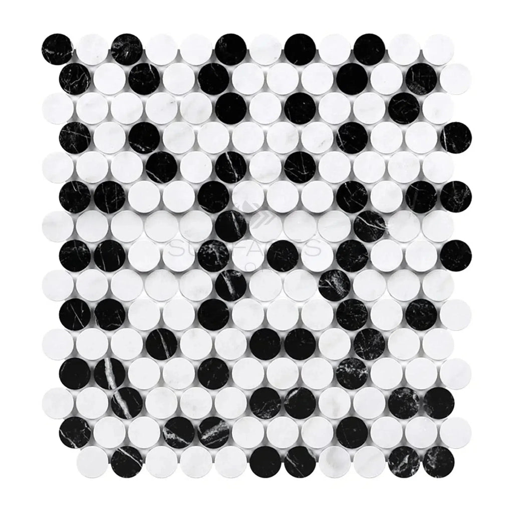 Black and white circular mosaic tile sheet from Thassos White Penny-Round Marble