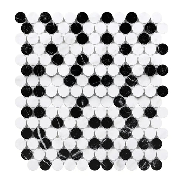 Black and white circular mosaic tile from Thassos White Penny-Round Marble collection