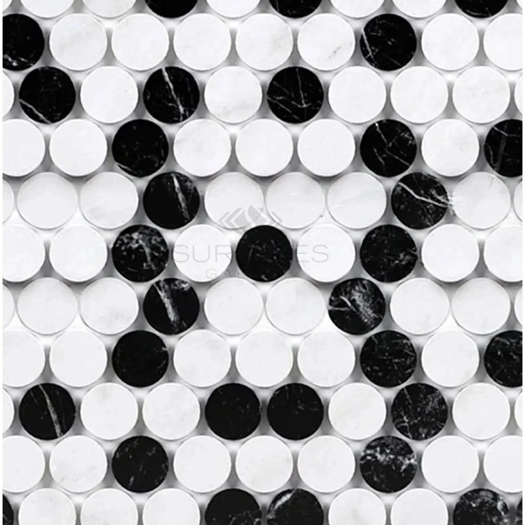 Black and white circular mosaic tiles in Thassos White Penny-Round Marble design