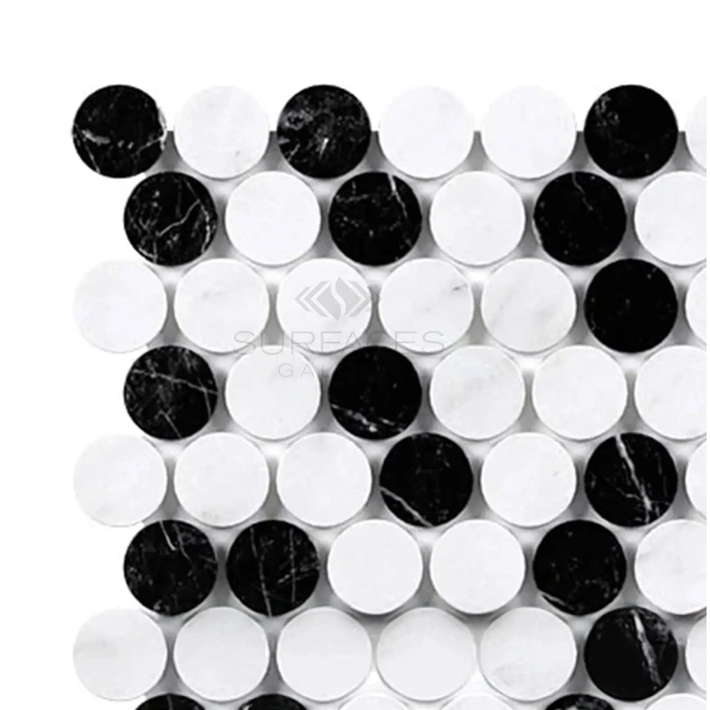 Black and white circular mosaic tiles in Thassos White Penny-Round marble design