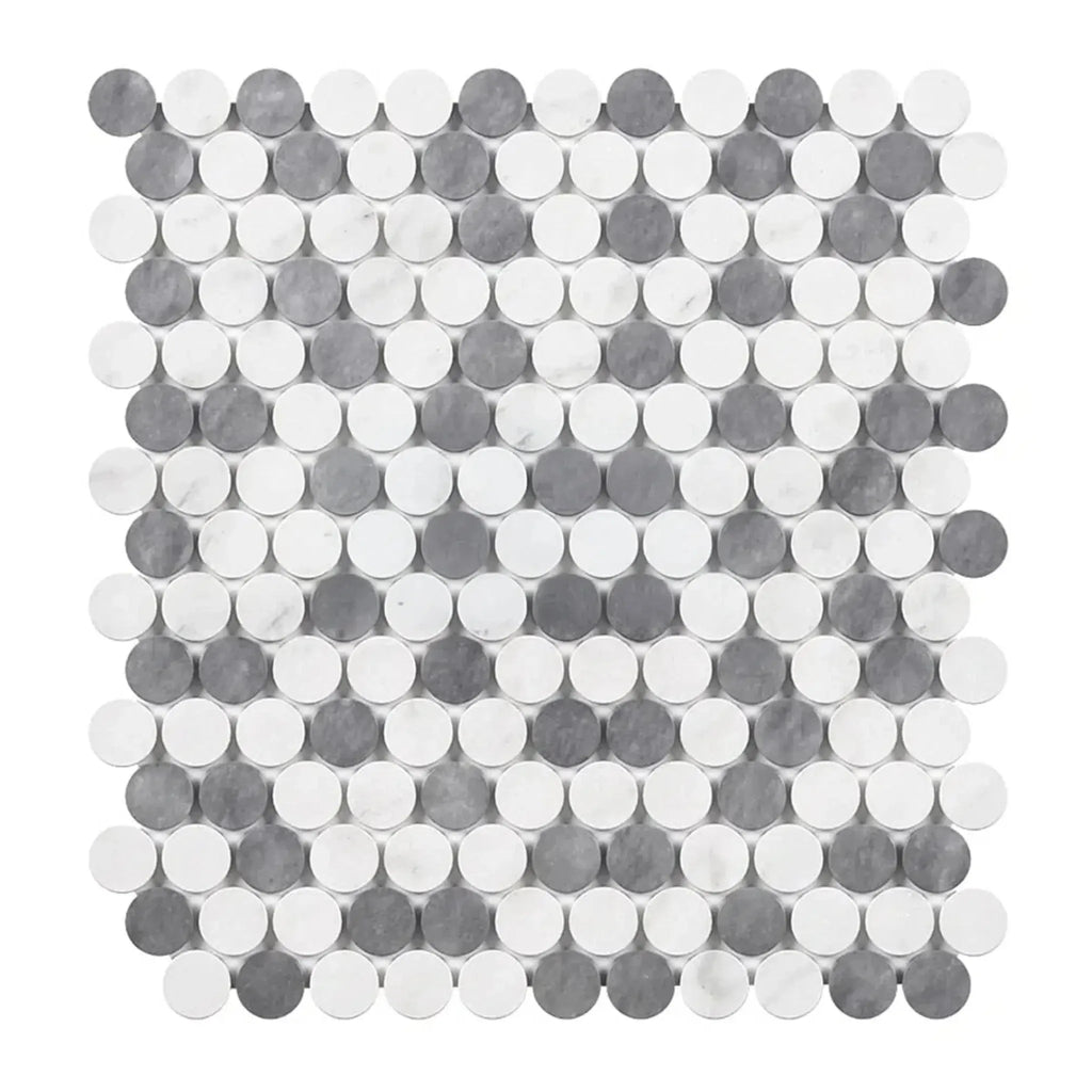 Alternating gray and white circular tile mosaic in Thassos White Penny-Round design