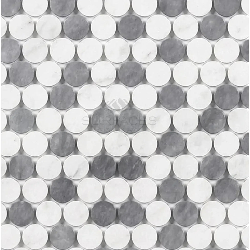 Gray and white penny tile in Thassos White Penny-Round Mosaic Marble design