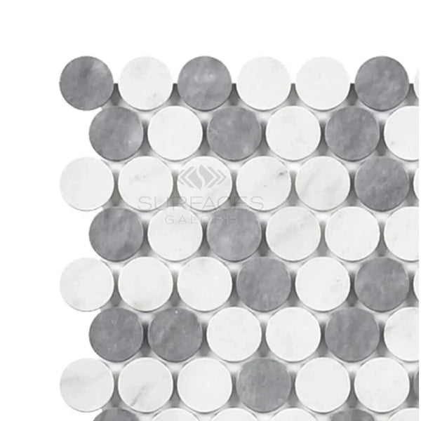 Alternating gray and white circular mosaic tiles in Thassos White Penny-Round pattern