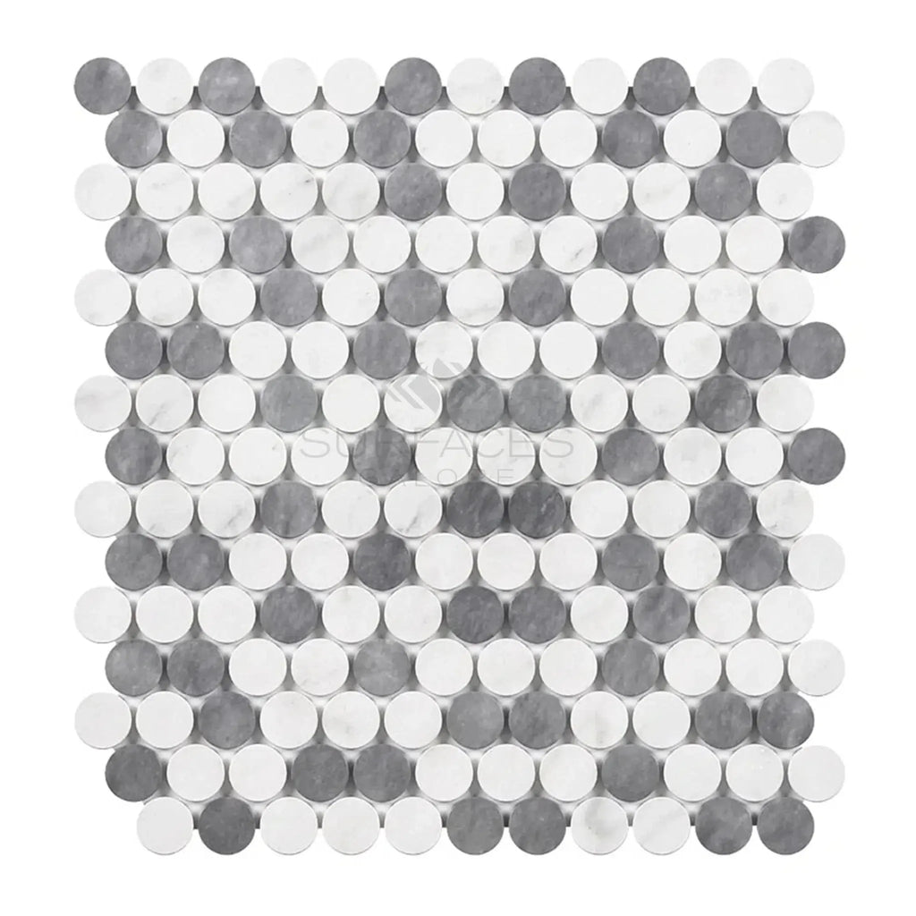 Alternating gray and white penny tile in Thassos White Penny-Round Mosaic Marble