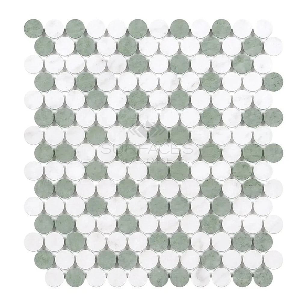 Alternating white and gray penny tile in Thassos White Mosaic Marble design