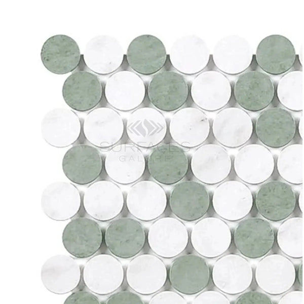 Alternating green and white circular tile pattern in Thassos White Penny-Round Mosaic