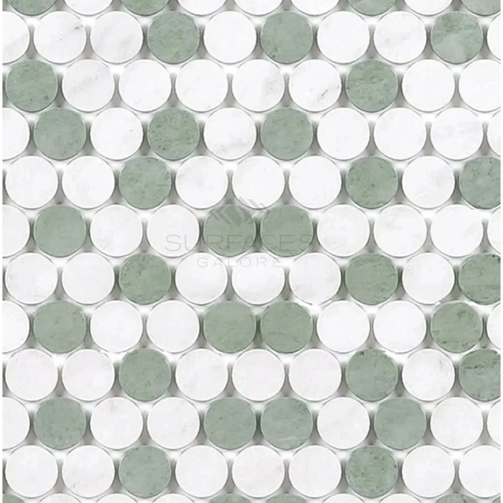 Alternating white and green penny tile pattern in Thassos White Penny-Round Mosaic