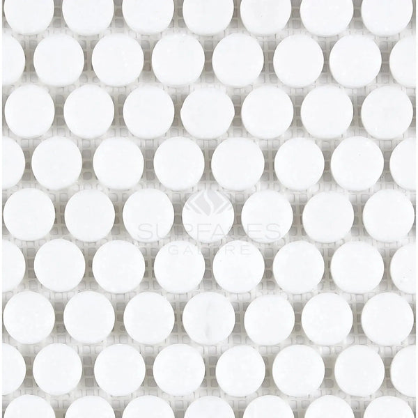 White penny tile pattern in Thassos White Penny-Round Mosaic Marble, polished finish