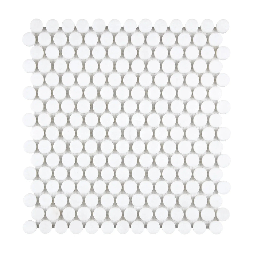 White Penny Tile Sheet of Thassos White Mosaic Marble Polished or Honed Finish