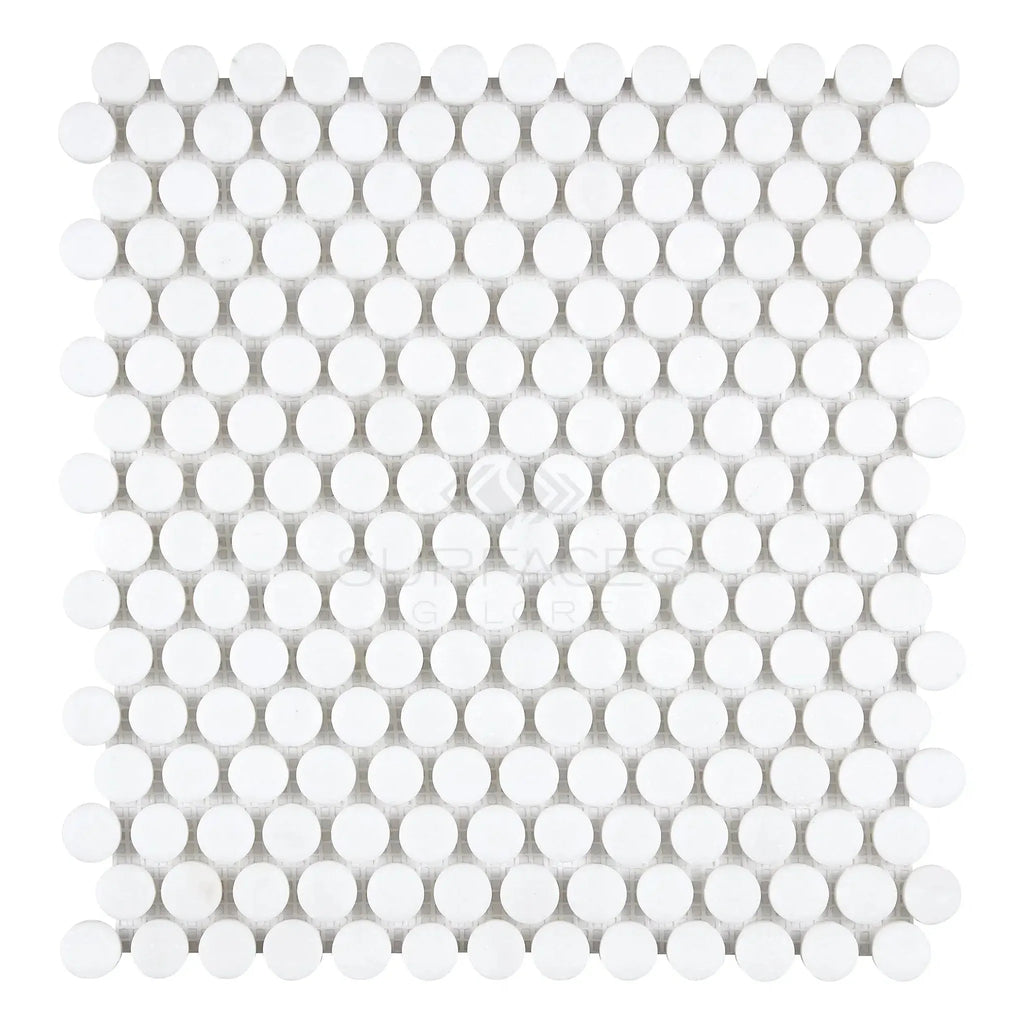 Thassos White Penny-Round Mosaic Marble Tile Sheet in Polished or Honed Finish