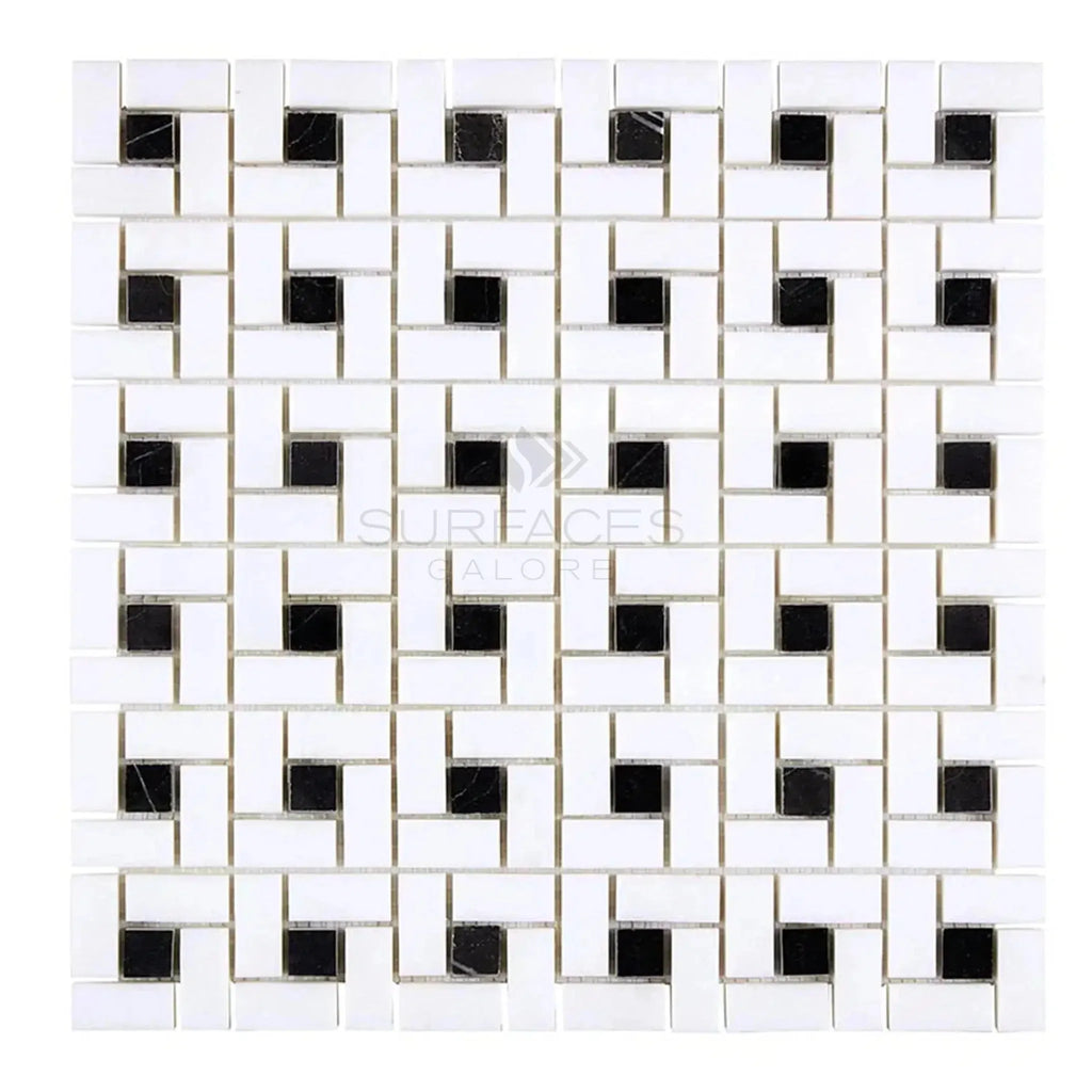 White and black mosaic tile pattern of Thassos White Pinwheel Mosaic Marble