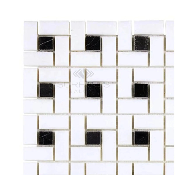 Thassos White Pinwheel Mosaic with Black accents in polished or honed finish