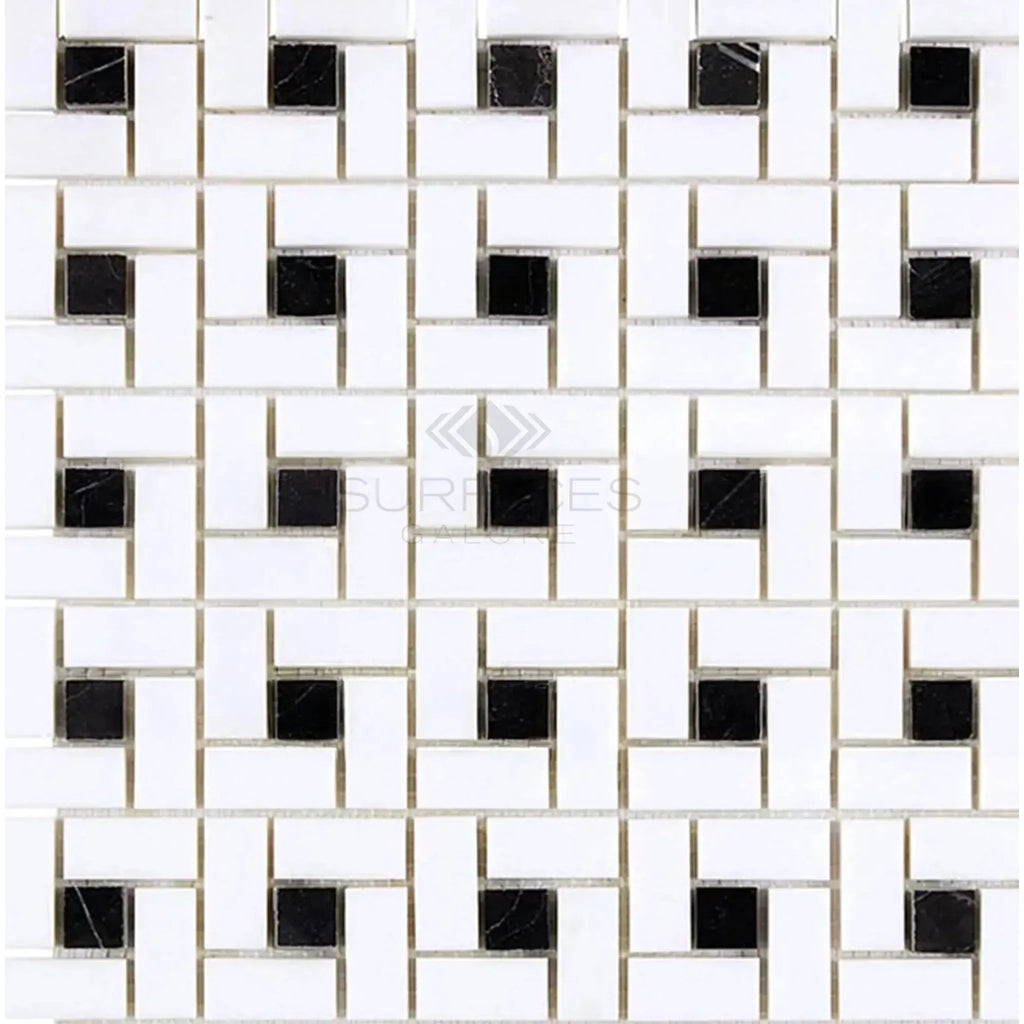 Black and white mosaic tile pattern in Thassos White Pinwheel Marble design