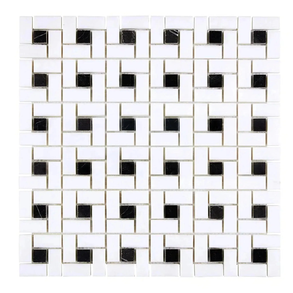 Thassos White Pinwheel Mosaic with Black in polished or honed finish, elegant tile design