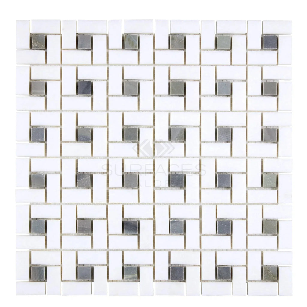 Thassos White Pinwheel Mosaic with Blue-Gray accents in a polished marble finish