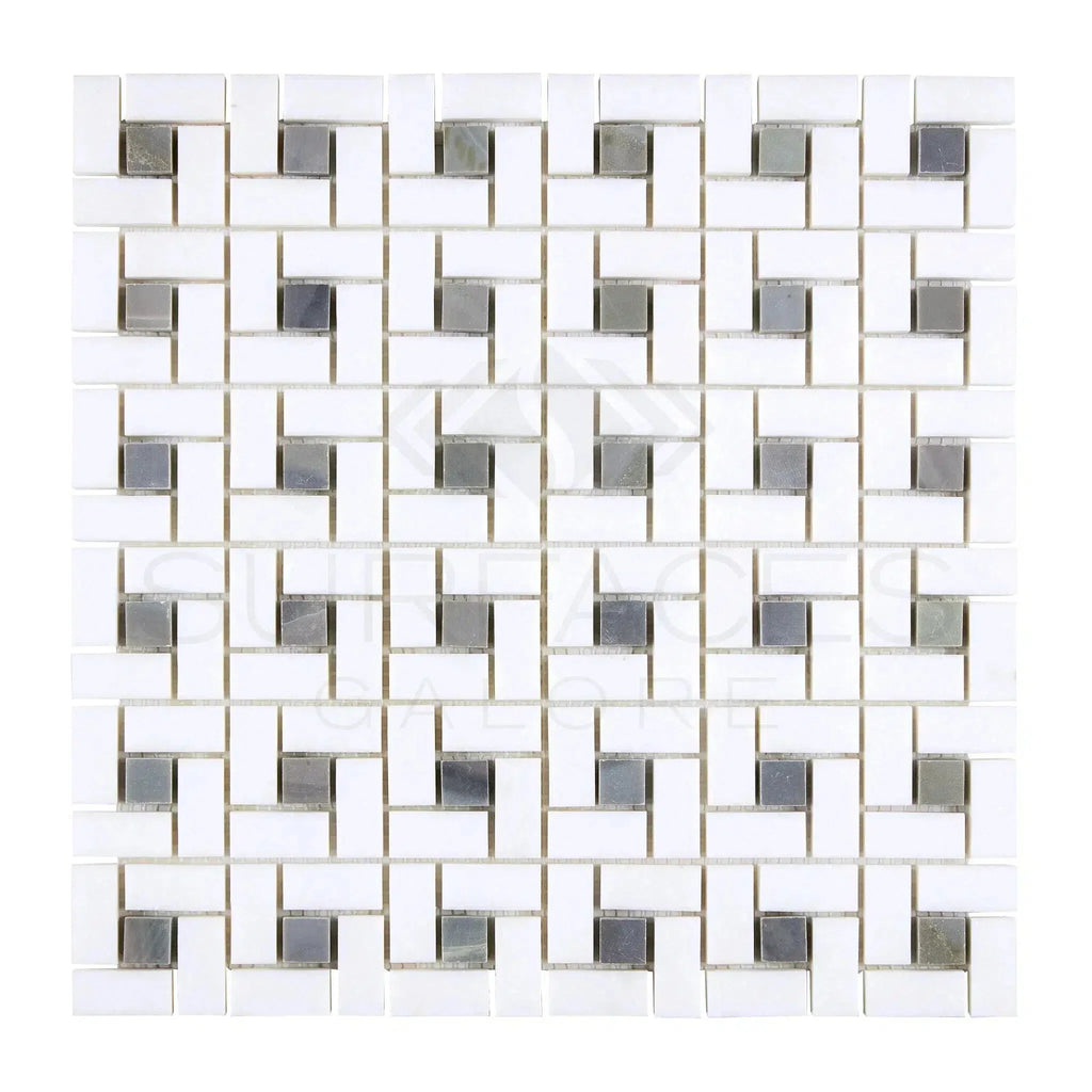 Thassos White Pinwheel Mosaic with Blue-Gray accents in polished marble finish