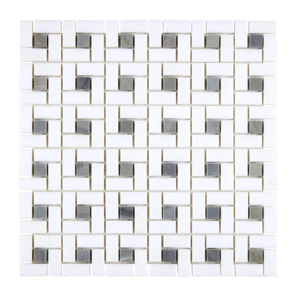 White and silver mosaic tile pattern of Thassos White Pinwheel Mosaic marble