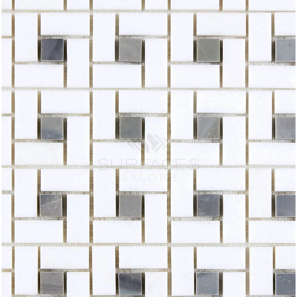 Thassos White Pinwheel Mosaic in White and Gray marble tile pattern for elegant decor