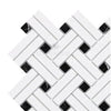 Herringbone pattern tile with black accents in Thassos White Stanza Mosaic Marble