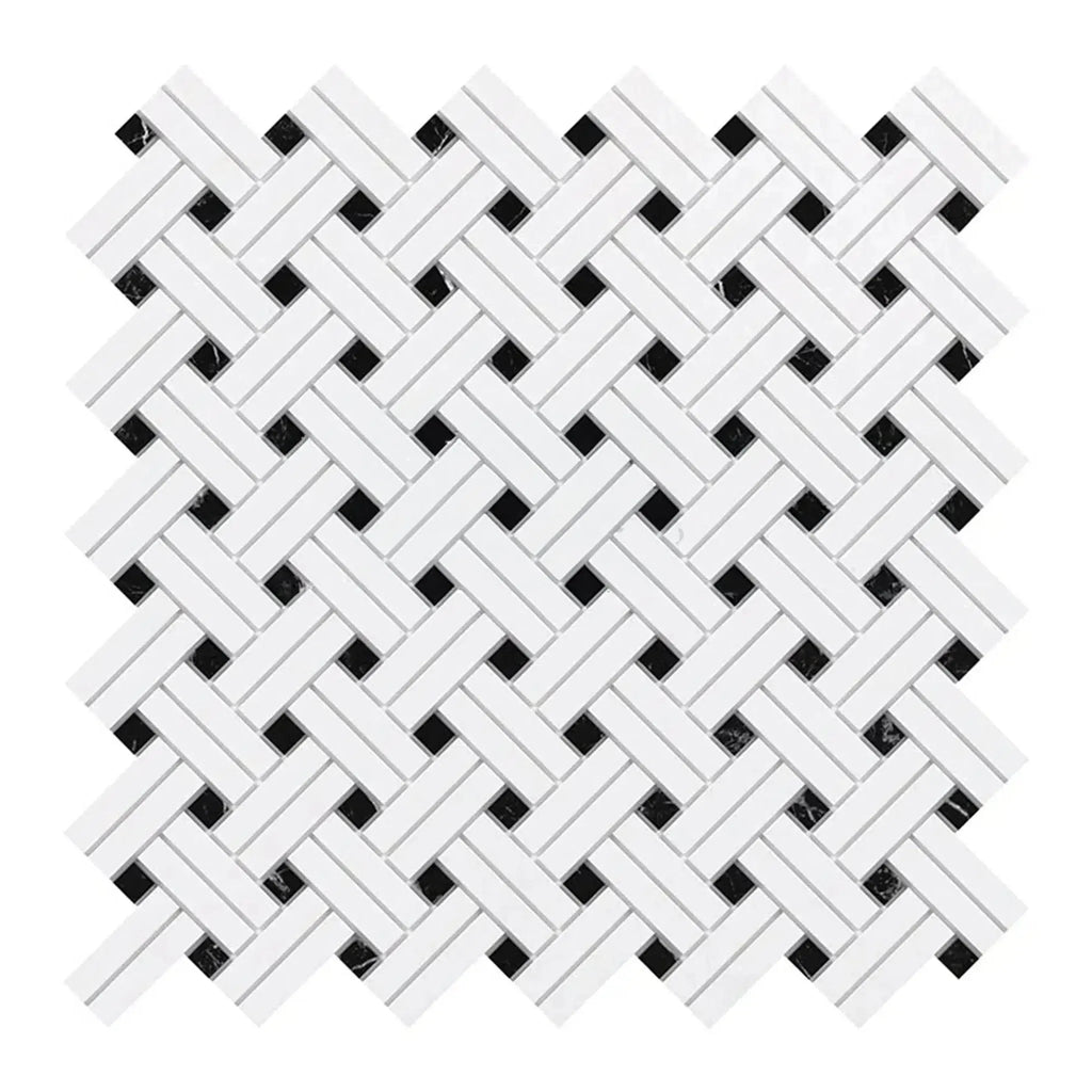 Woven white and black mosaic tile in Thassos White Stanza Marble Polished finish