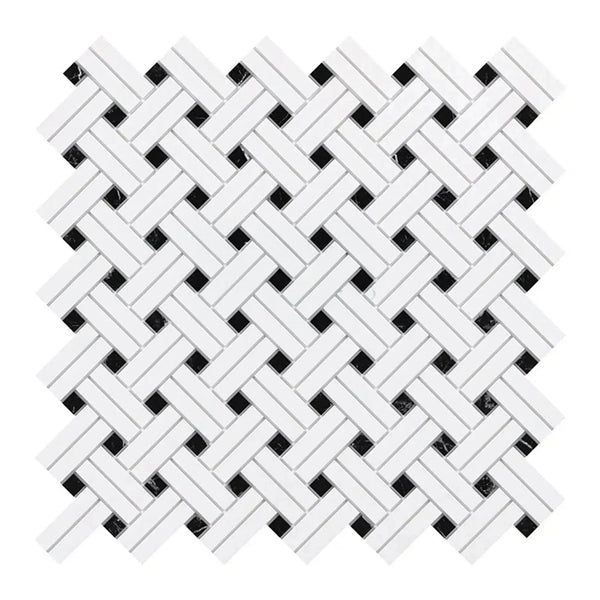 Woven white and black mosaic tile in Thassos White Stanza Marble Polished finish