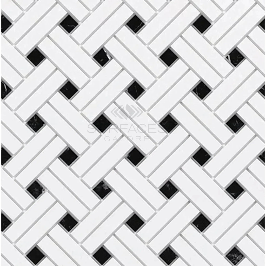 Woven white and black tile pattern of Thassos White Stanza Mosaic Marble