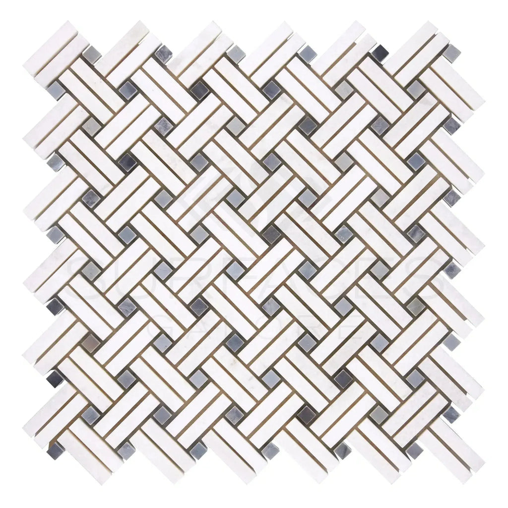 Herringbone Mosaic Tile Sheet in Thassos White Stanza with Blue-Gray Marble Finish