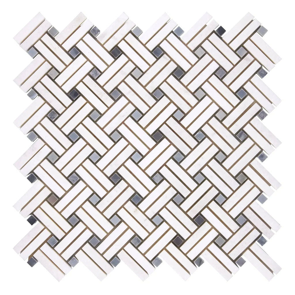 Woven white and gray mosaic tile in Thassos White Stanza marble design