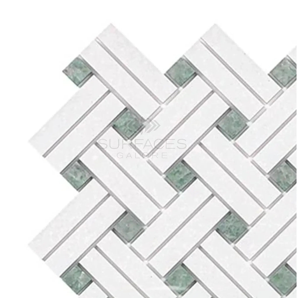 Herringbone tile pattern featuring Thassos White and Ming-Green marble pieces